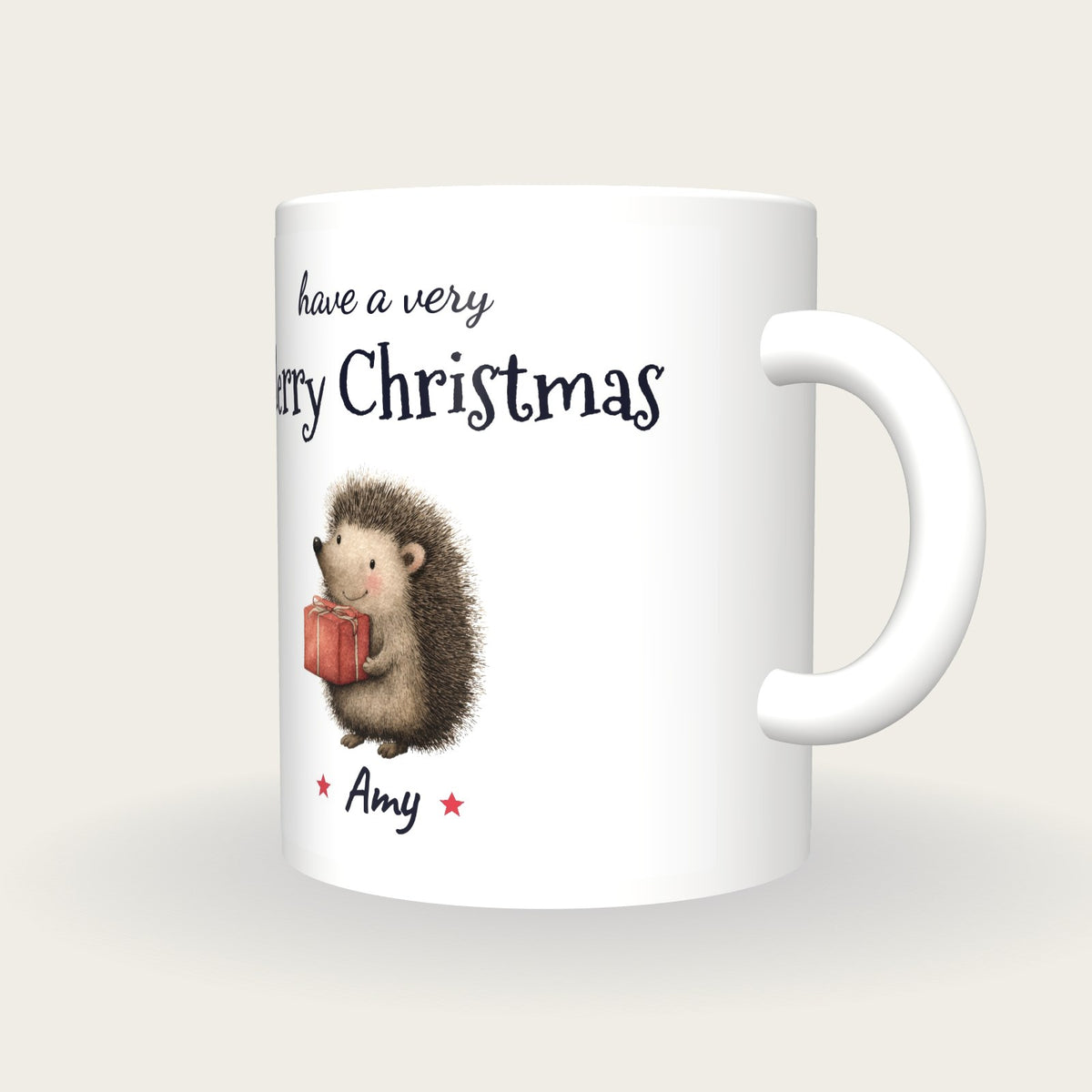 Personalised Christmas Hedgehog Mug, Merry Christmas, three-quarter view