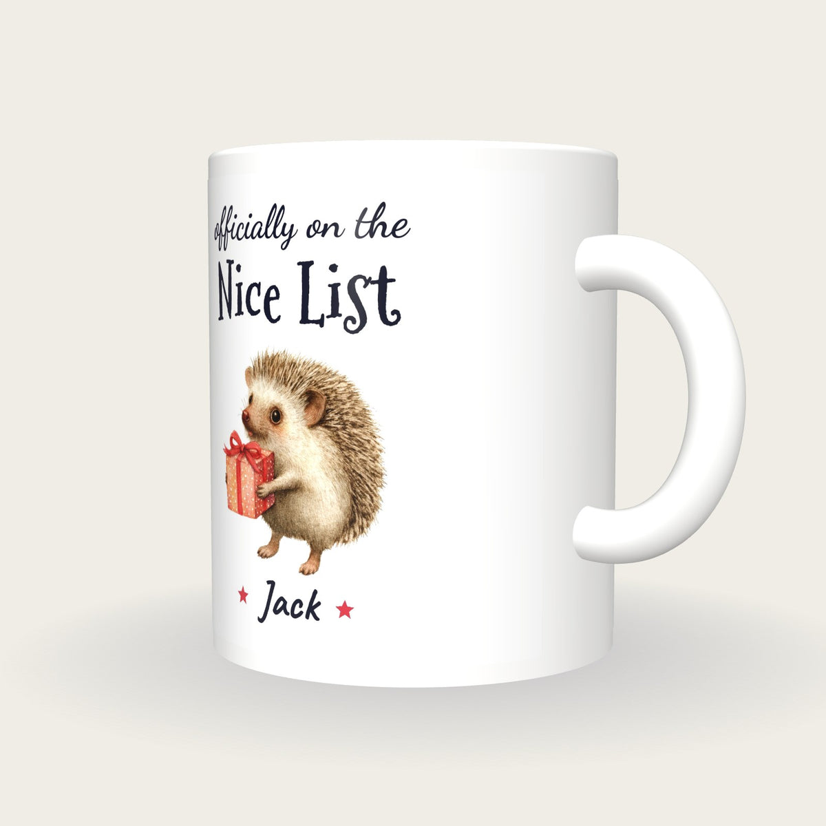 Personalised Christmas Hedgehog Mug, On The Nice List, three-quarter view