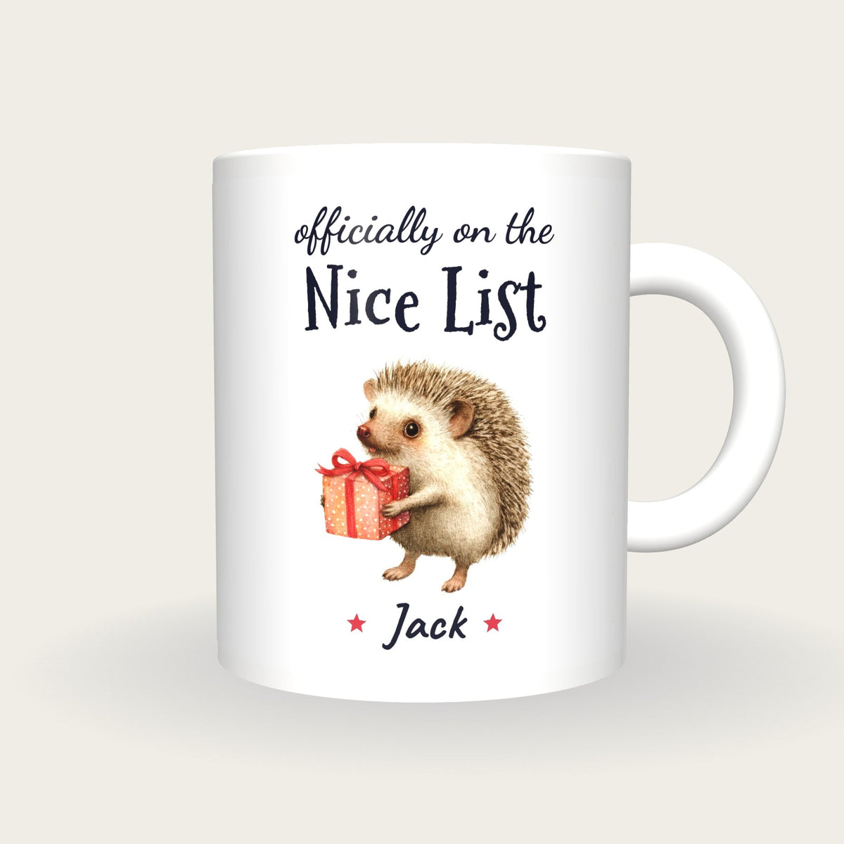 Personalised Christmas Hedgehog Mug, On The Nice List, front
