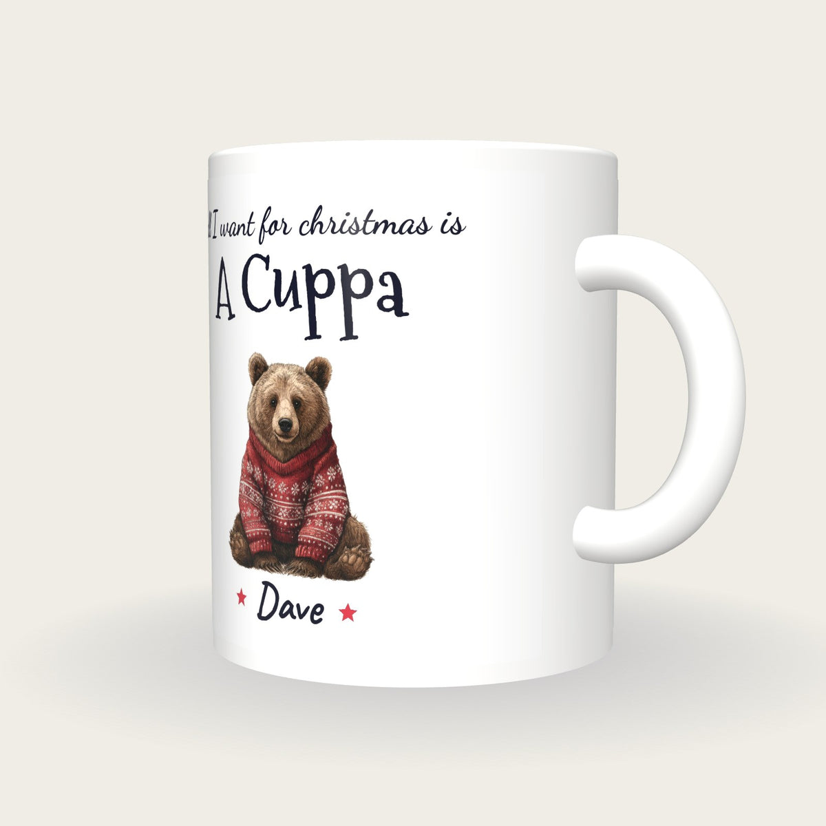 Personalised Christmas Jumper Bear Mug, All I Want For Christmas Is A Cuppa, three-quarter view