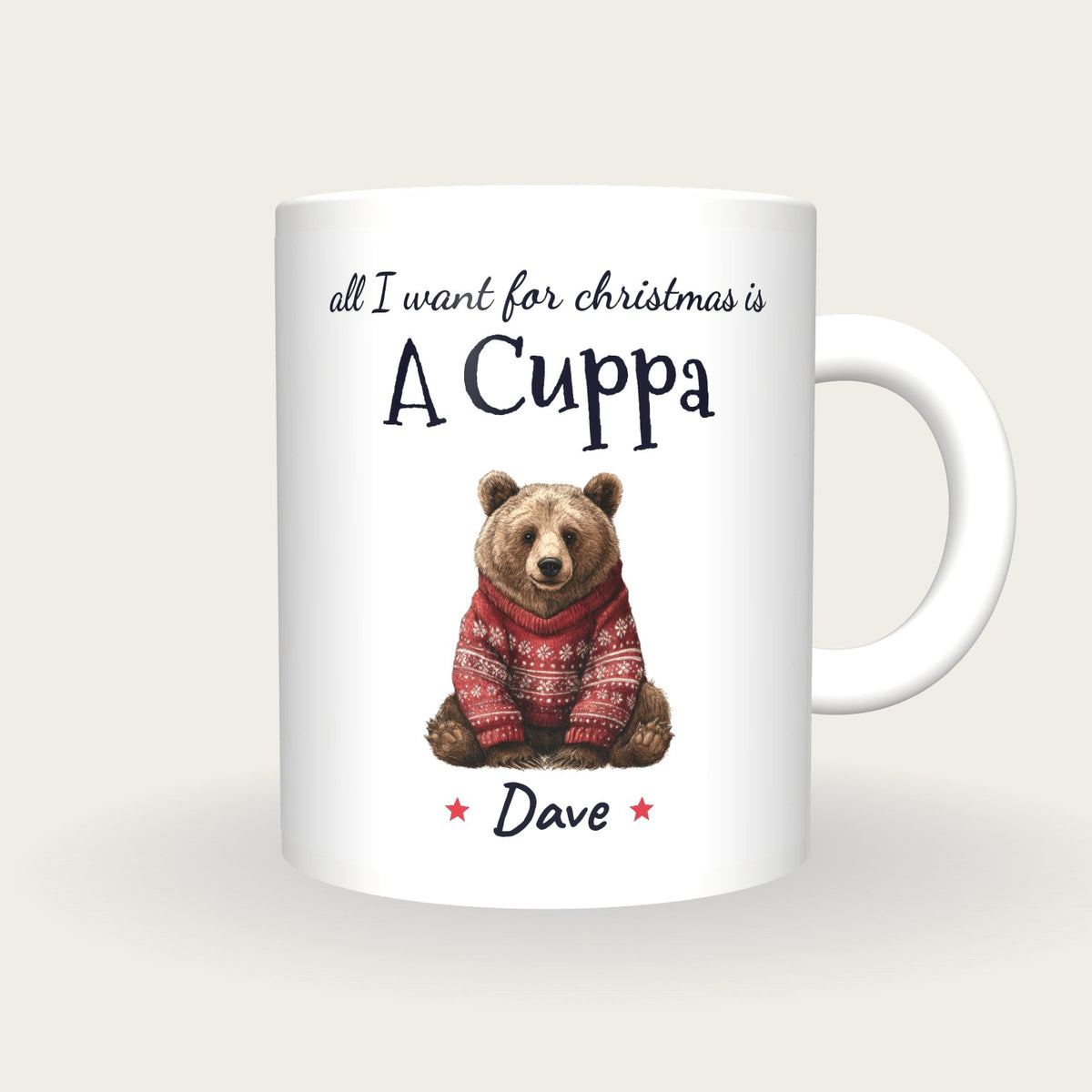Personalised Christmas Jumper Bear Mug, All I Want For Christmas Is A Cuppa, front