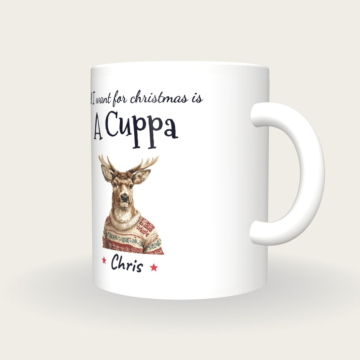 Personalised Christmas Jumper Deer Mug, All I Want For Christmas Is A Cuppa, three-quarter view
