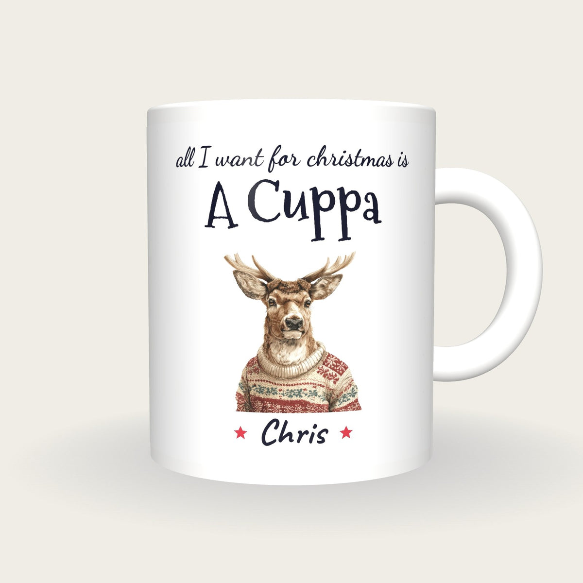 Personalised Christmas Jumper Deer Mug, All I Want For Christmas Is A Cuppa, front