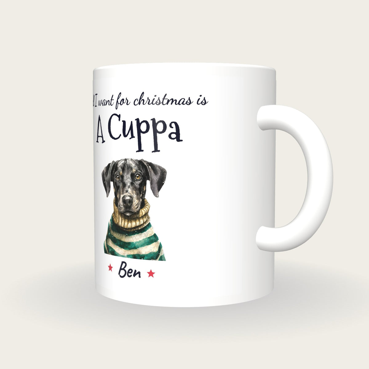 Personalised Christmas Jumper Dog Mug, All I Want For Christmas Is A Cuppa, three-quarter view