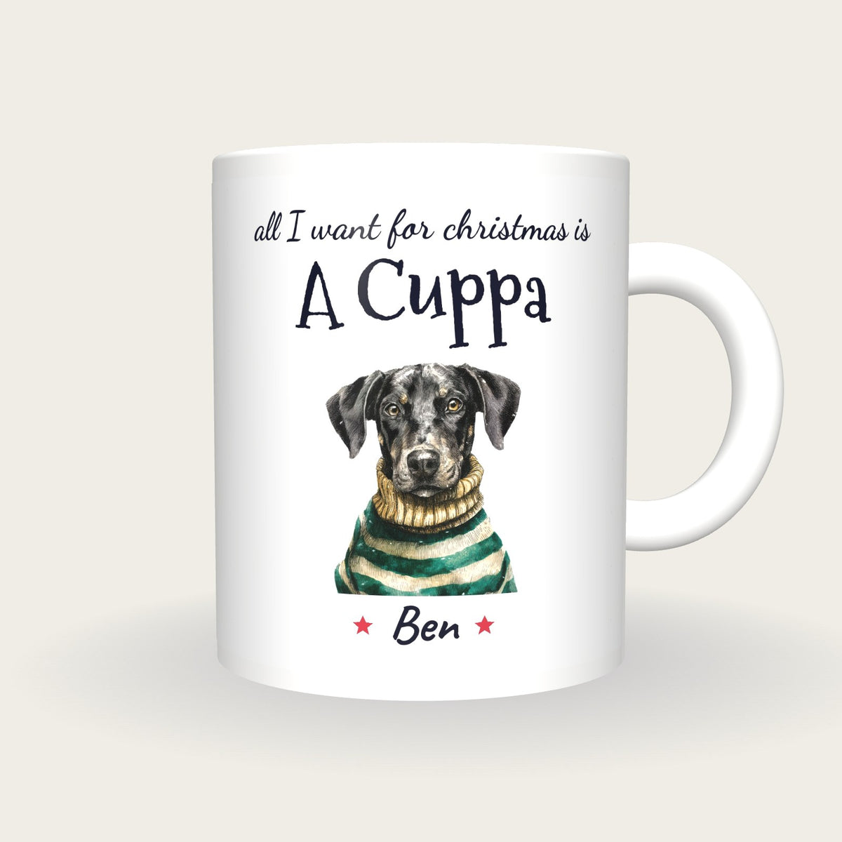 Personalised Christmas Jumper Dog Mug, All I Want For Christmas Is A Cuppa, front