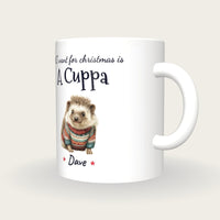 Personalised Christmas Jumper Hedgehog Mug, All I Want For Christmas Is A Cuppa, three-quarter view