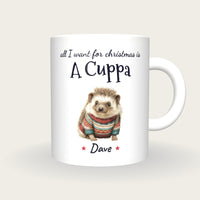 Personalised Christmas Jumper Hedgehog Mug, All I Want For Christmas Is A Cuppa, front