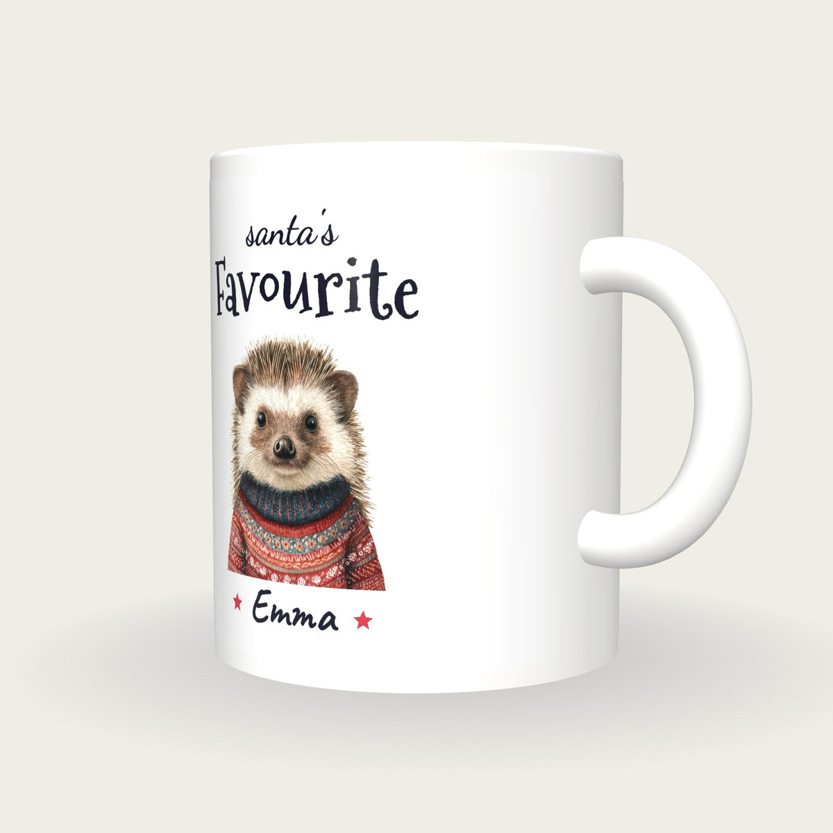 Personalised Christmas Jumper Hedgehog Mug, Santa's Favourite, three-quarter view