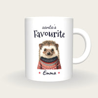 Personalised Christmas Jumper Hedgehog Mug, Santa's Favourite, front