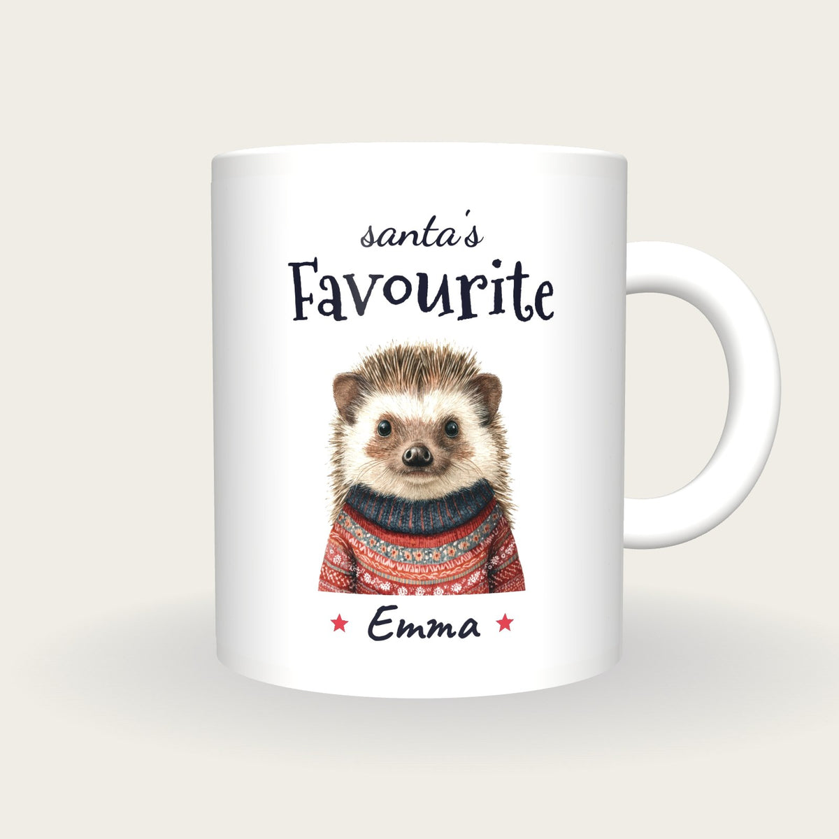Personalised Christmas Jumper Hedgehog Mug, Santa's Favourite, front