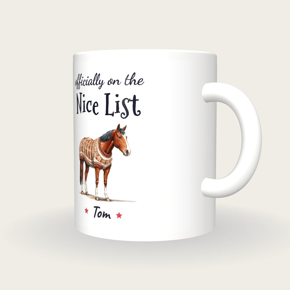 Personalised Christmas Jumper Horse Mug, On The Nice List, three-quarter view