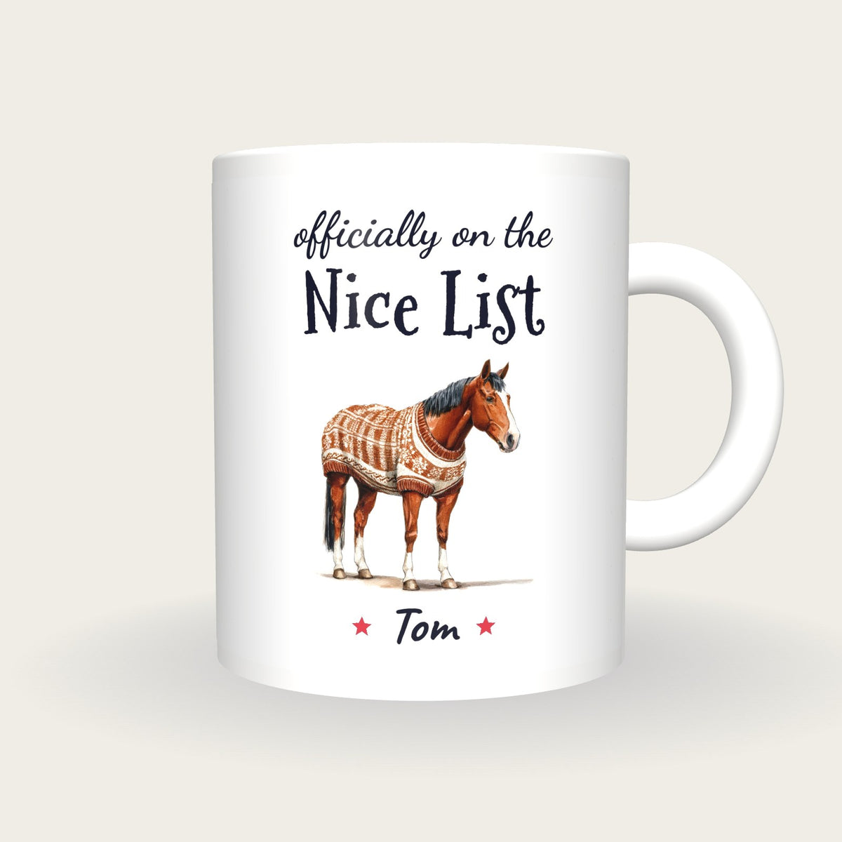 Personalised Christmas Jumper Horse Mug, On The Nice List, front