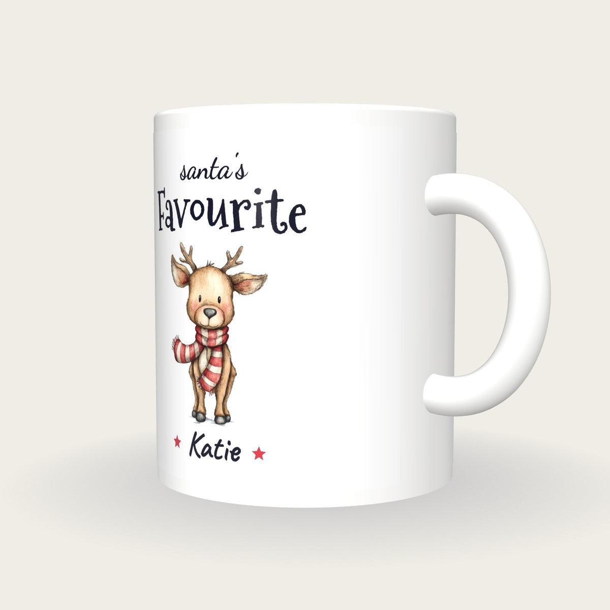Personalised Christmas Reindeer Mug, Santa's Favourite, three-quarter view