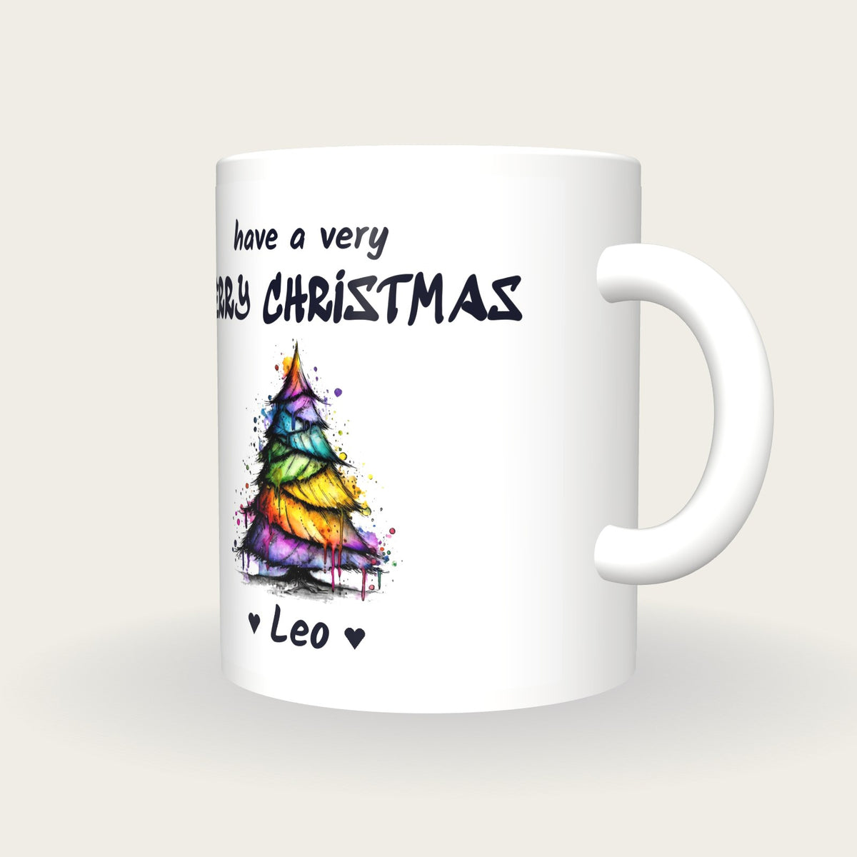 Personalised Christmas Tree Mug, Merry Christmas, three-quarter view