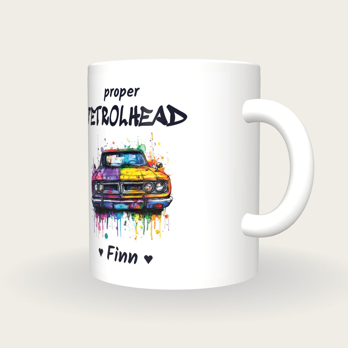 Personalised Classic Car Mug, Proper Petrolhead, three-quarter view