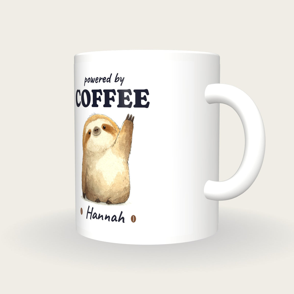 Personalised Coffee Sloth Mug, Powered By Coffee, three-quarter view