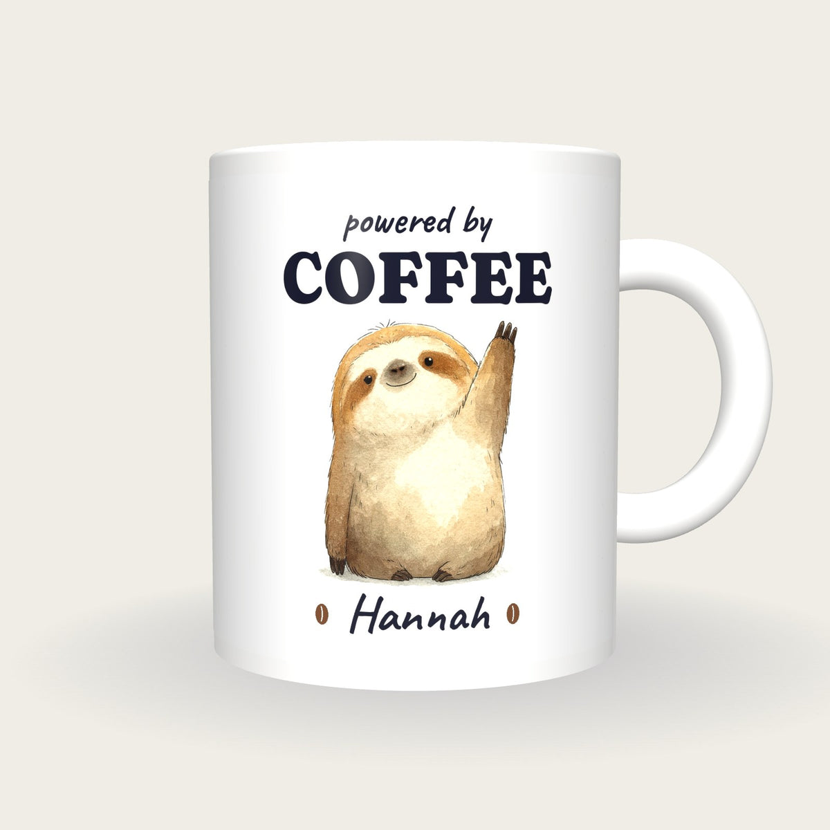 Personalised Coffee Sloth Mug, Powered By Coffee, front