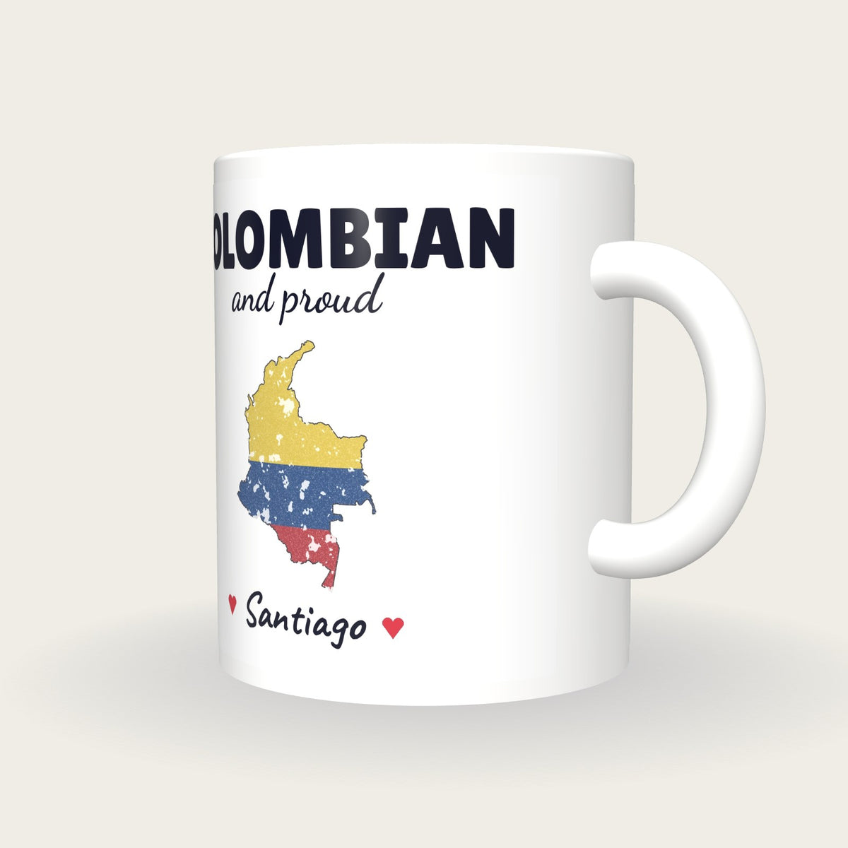 Personalised Colombia Map Mug, Colombian And Proud, three-quarter view