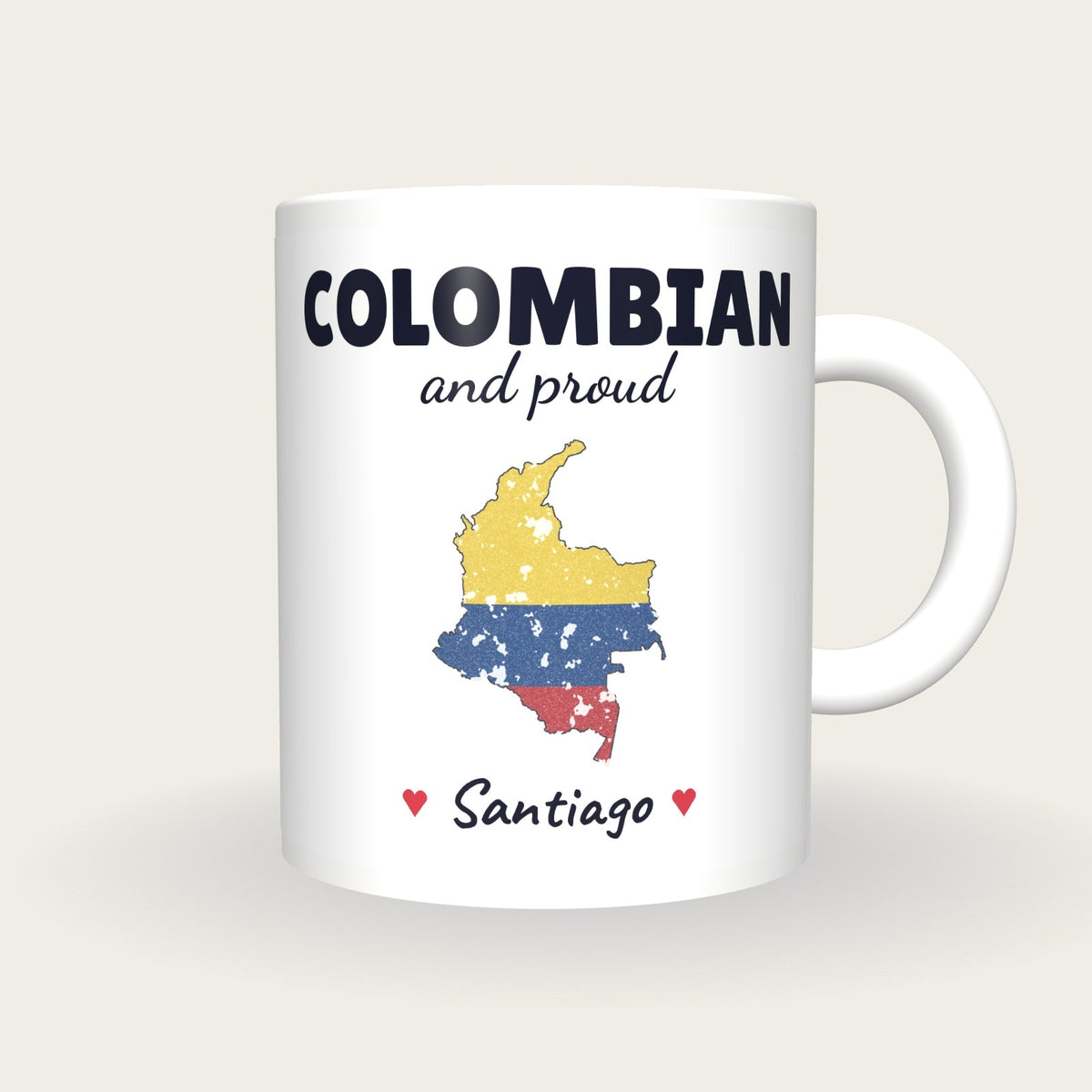 Personalised Colombia Map Mug, Colombian And Proud, front