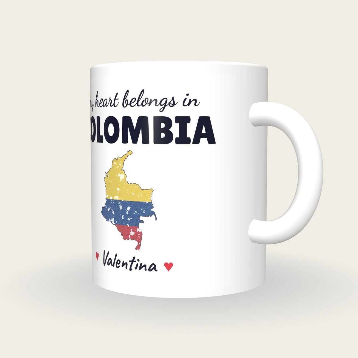 Personalised Colombia Map Mug, My Heart Belongs In Colombia, three-quarter view