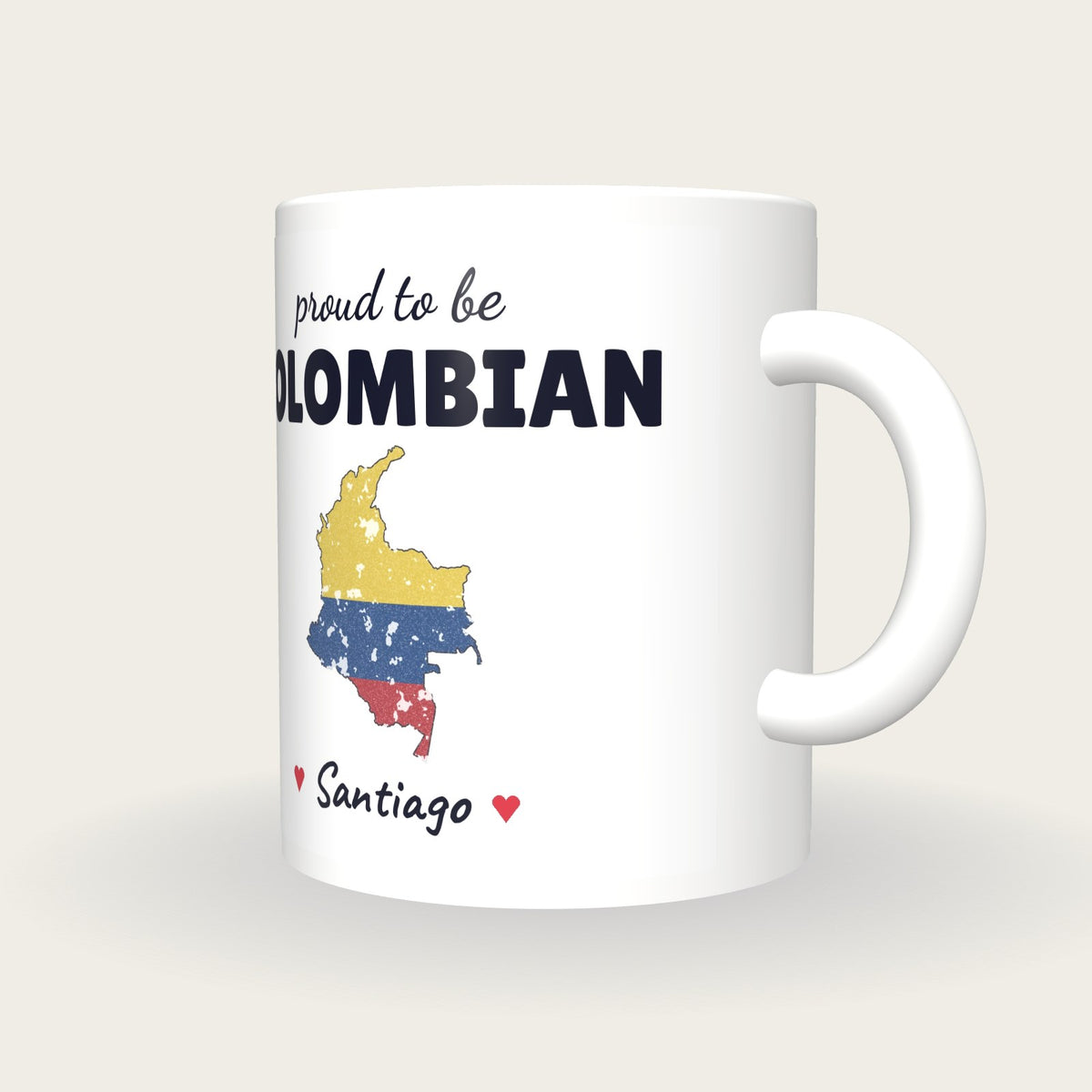 Personalised Colombia Map Mug, Proud To Be Colombian, three-quarter view