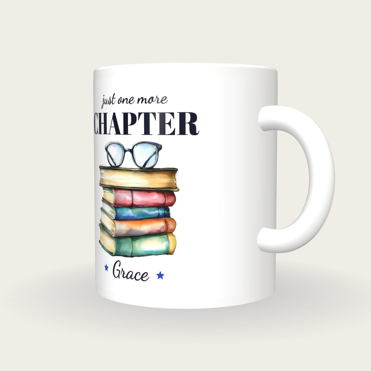 Personalised Colourful Book Stack Mug, Just One More Chapter, three-quarter view