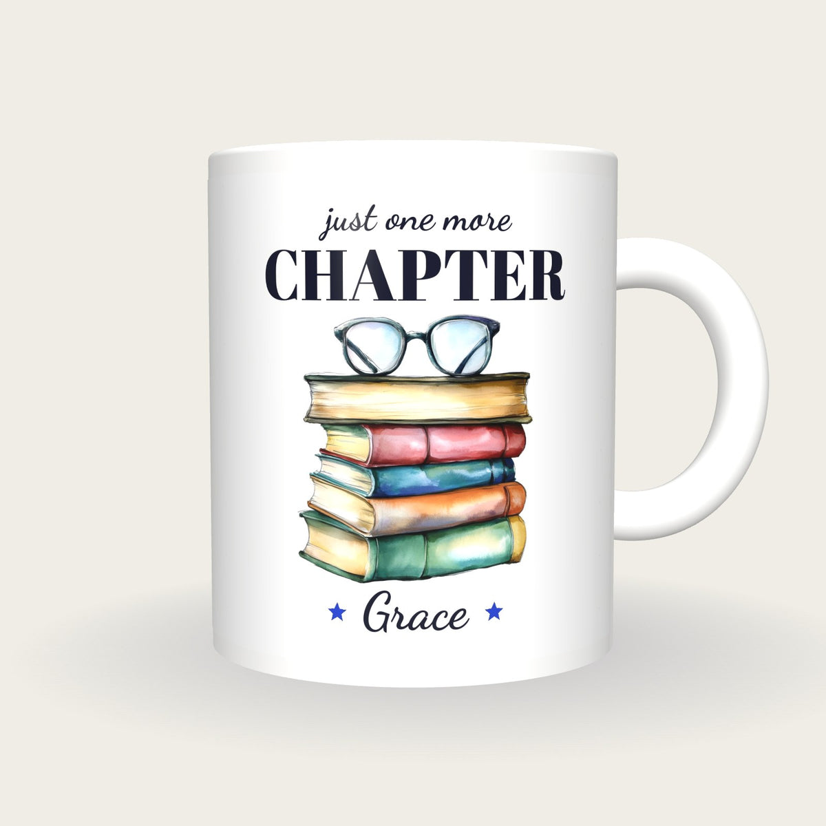 Personalised Colourful Book Stack Mug, Just One More Chapter, front
