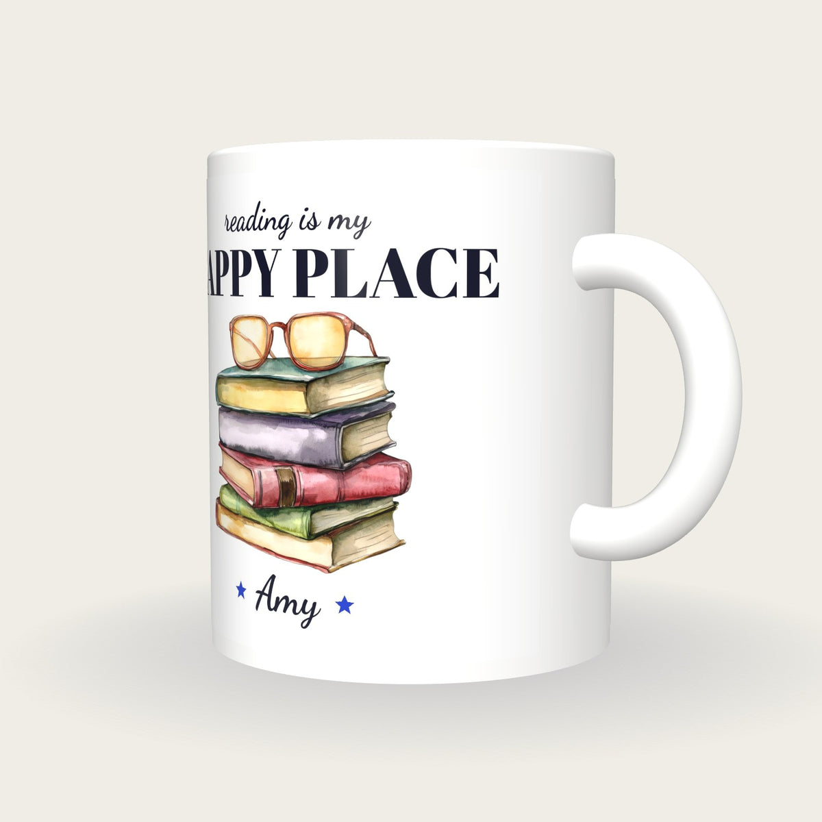 Personalised Colourful Book Stack Mug, Reading Is My Happy Place, three-quarter view