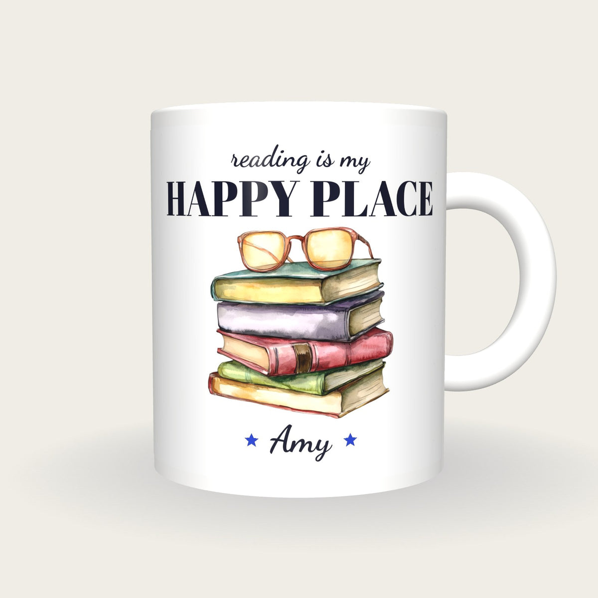 Personalised Colourful Book Stack Mug, Reading Is My Happy Place, front