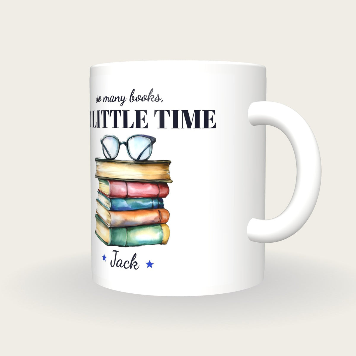 Personalised Colourful Book Stack Mug, So Many Books So Little Time, three-quarter view