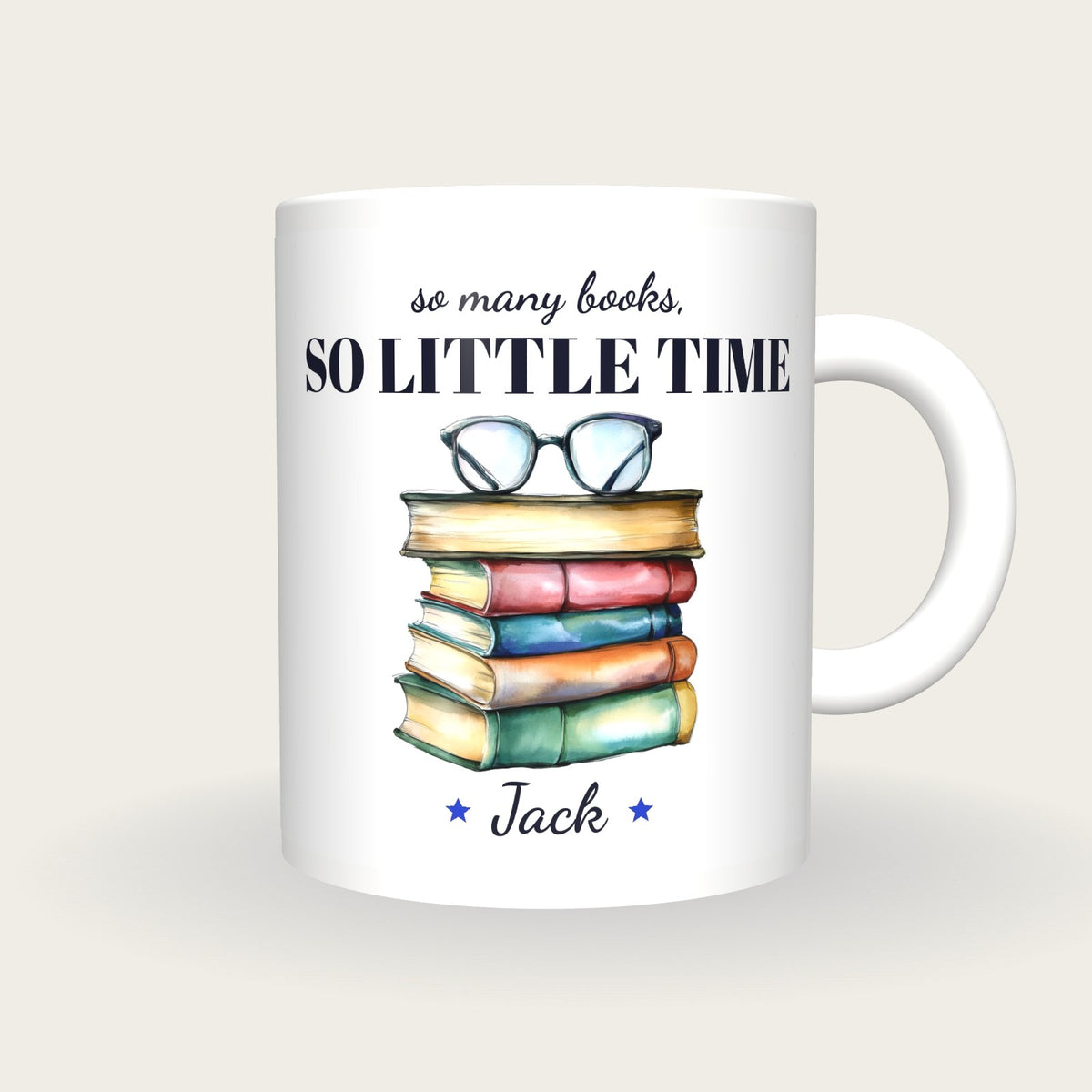 Personalised Colourful Book Stack Mug, So Many Books So Little Time, front