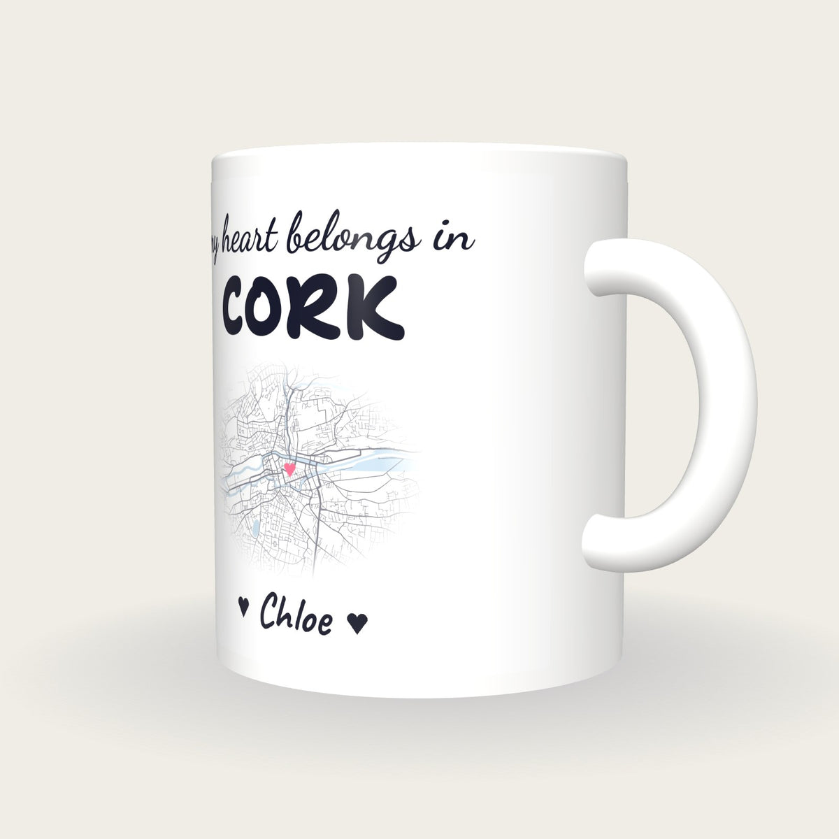 Personalised Cork Map Mug, My Heart Belongs In Cork, three-quarter view