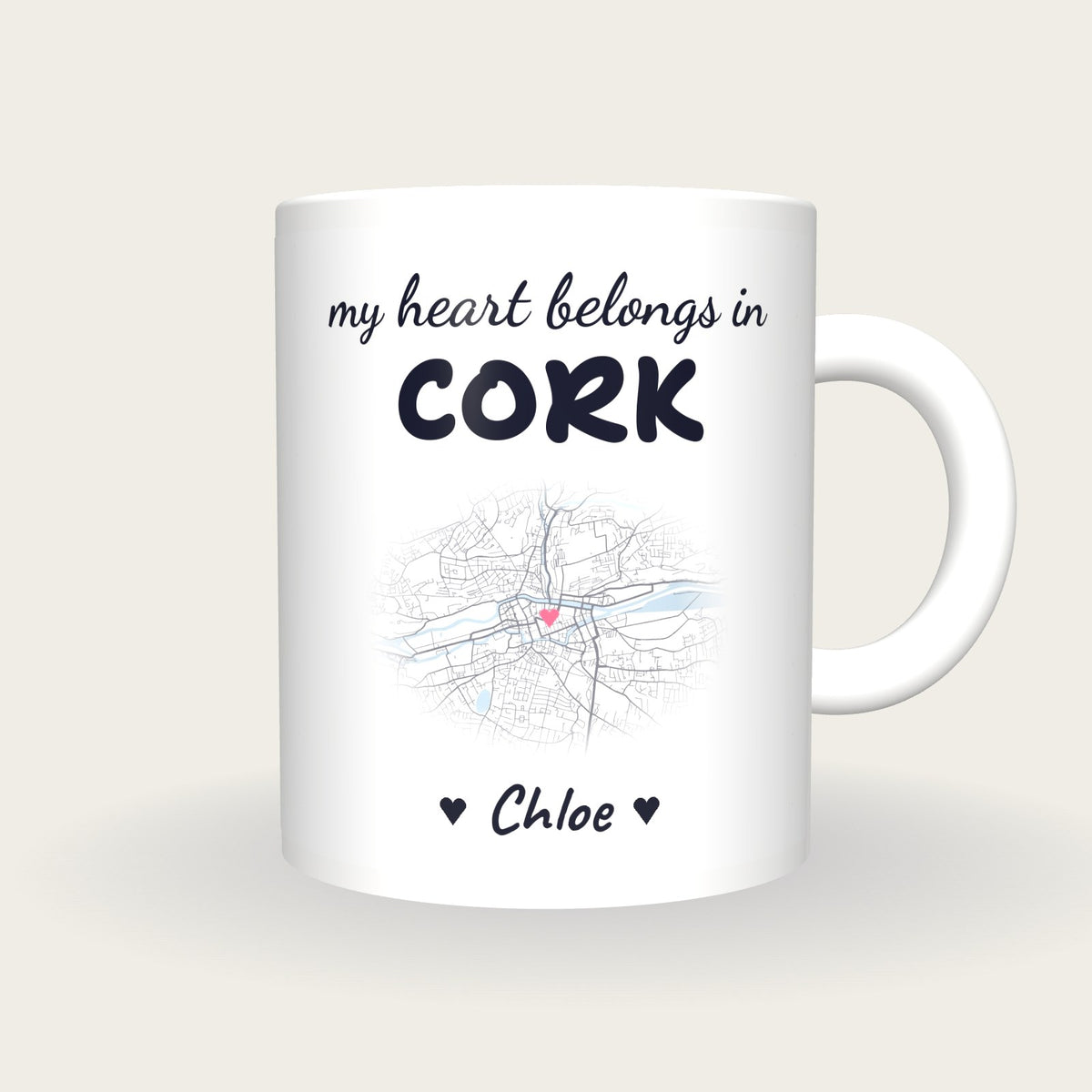 Personalised Cork Map Mug, My Heart Belongs In Cork, front