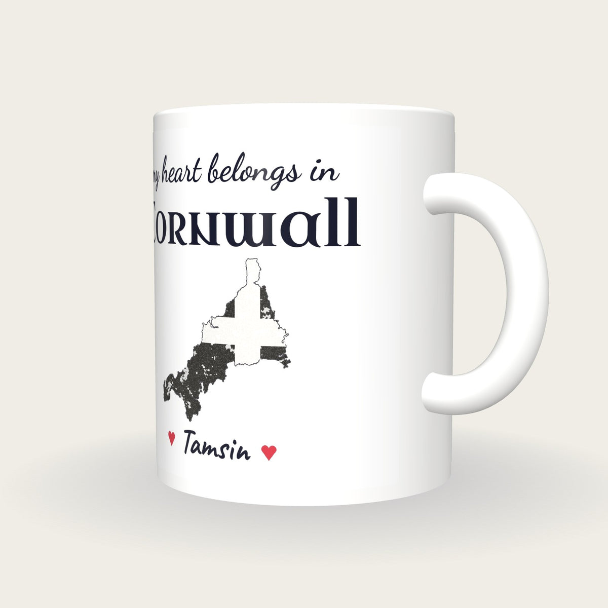 Personalised Cornwall Map Mug, My Heart Belongs In Cornwall, three-quarter view