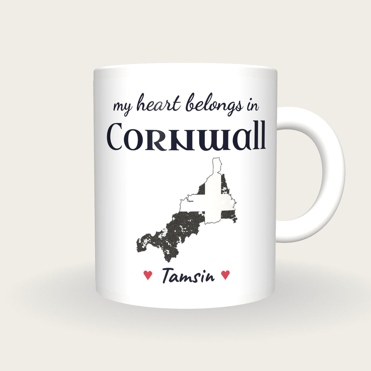 Personalised Cornwall Map Mug, My Heart Belongs In Cornwall, front