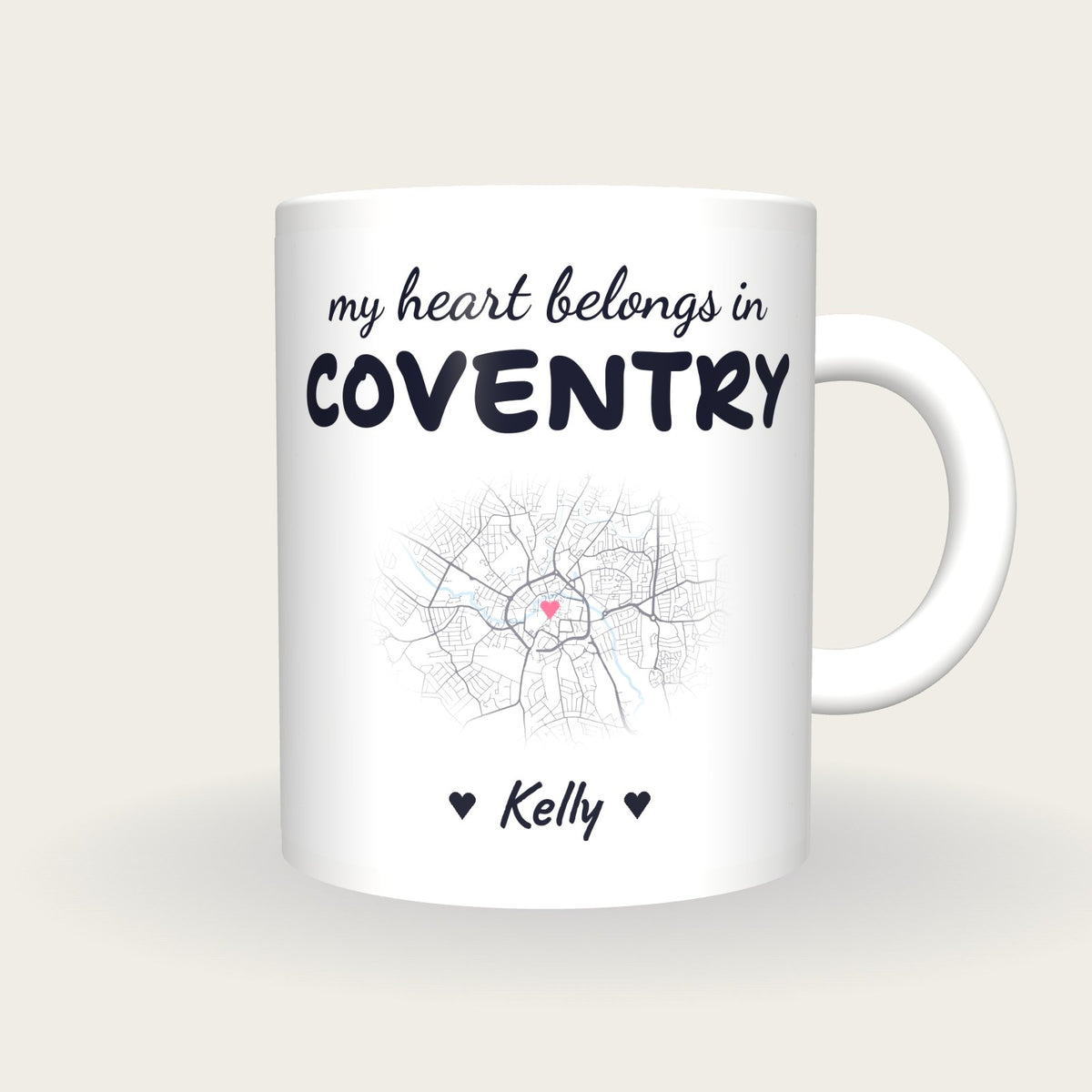 Personalised Coventry Map Mug, My Heart Belongs In Coventry, front