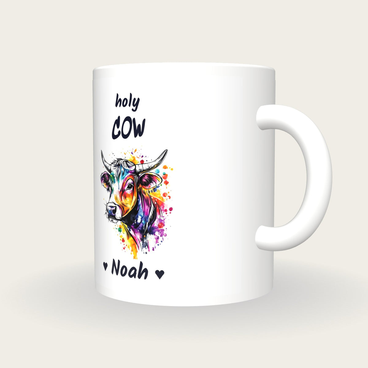 Personalised Cow Mug, Holy Cow, three-quarter view