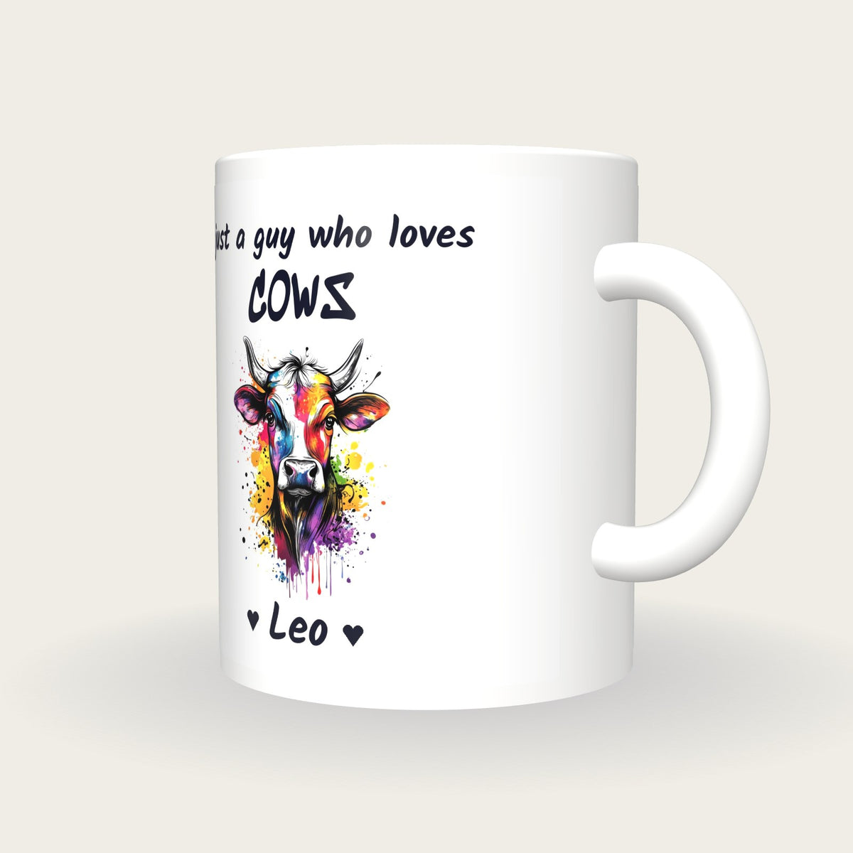 Personalised Cow Mug, Just A Guy Who Loves Cows, three-quarter view