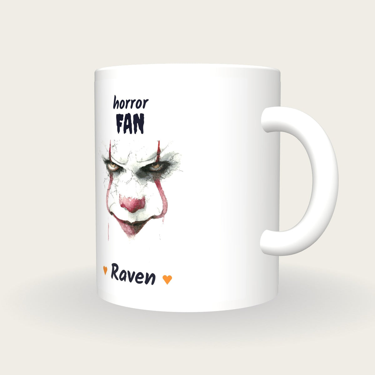 Personalised Creepy Clown Mug, Horror Fan, three-quarter view