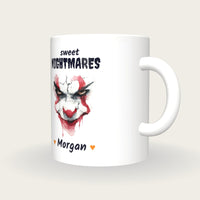 Personalised Creepy Clown Mug, Sweet Nightmares, three-quarter view