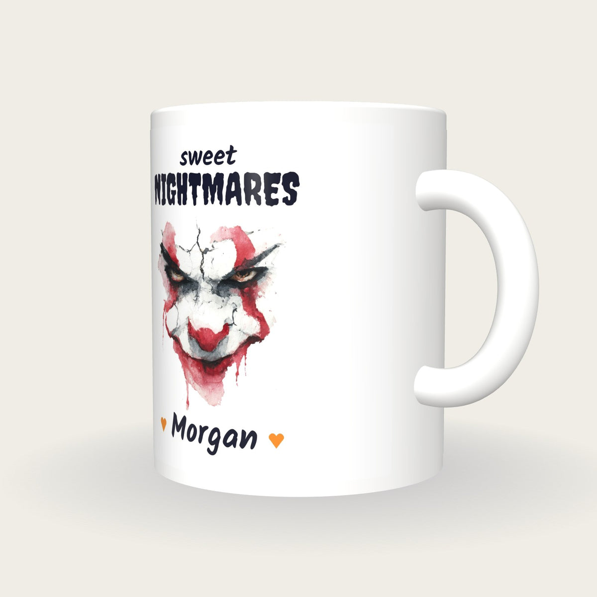 Personalised Creepy Clown Mug, Sweet Nightmares, three-quarter view