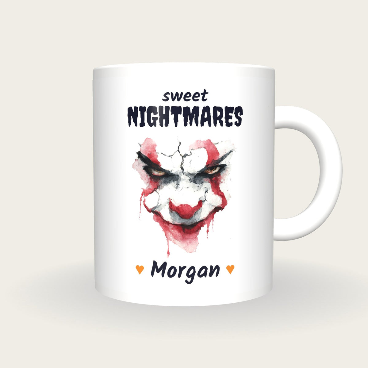 Personalised Creepy Clown Mug, Sweet Nightmares, front