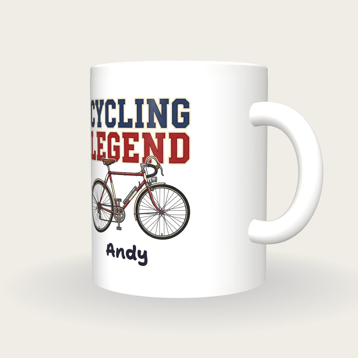 Personalised Cycling Legend Mug, three-quarter view