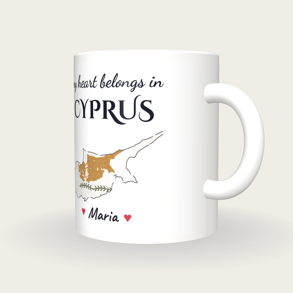 Personalised Cyprus Map Mug, My Heart Belongs In Cyprus, three-quarter view