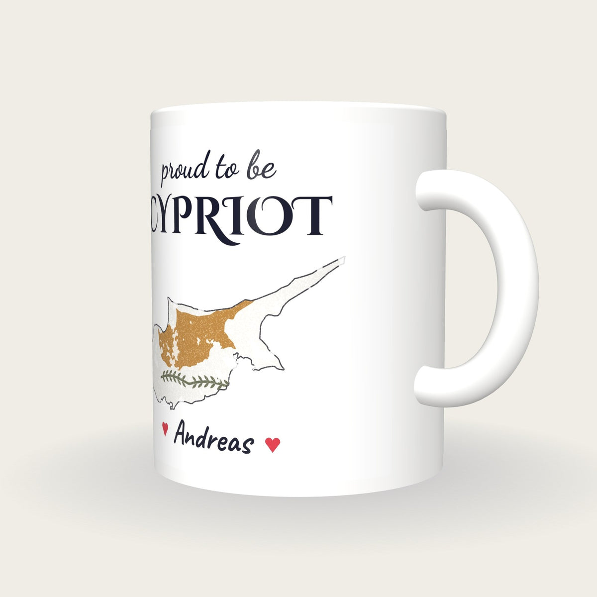 Personalised Cyprus Map Mug, Proud To Be Cypriot, three-quarter view