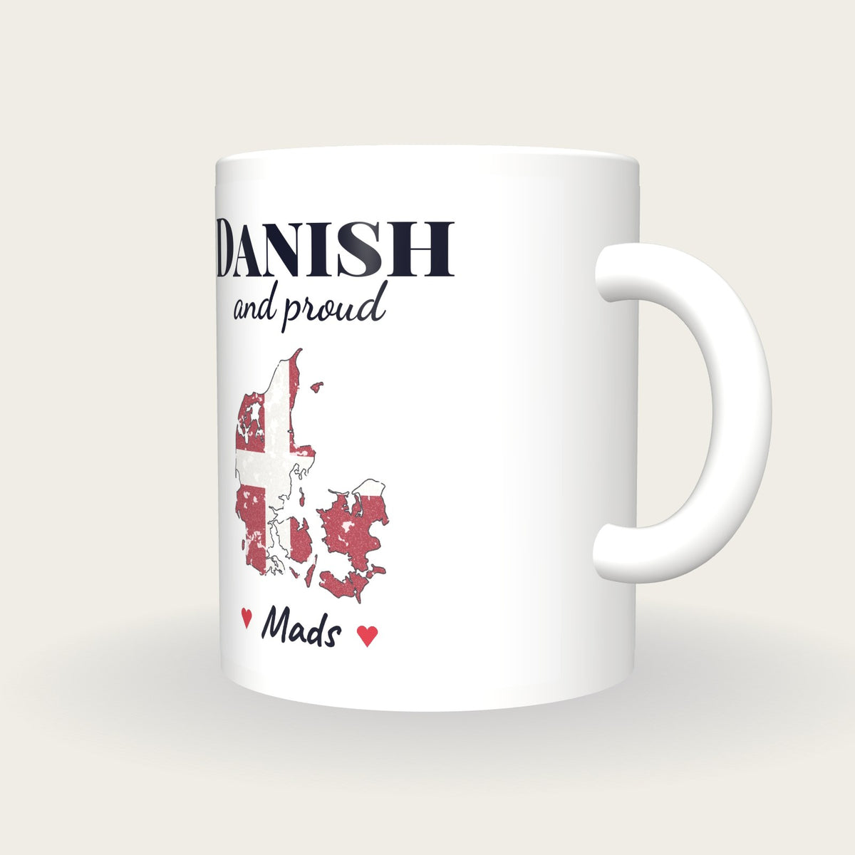Personalised Denmark Map Mug, Danish And Proud, three-quarter view