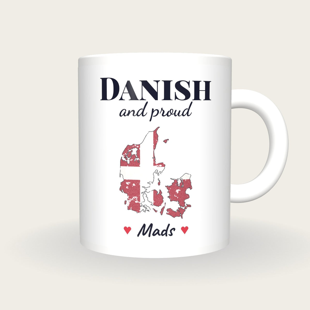 Personalised Denmark Map Mug, Danish And Proud, front
