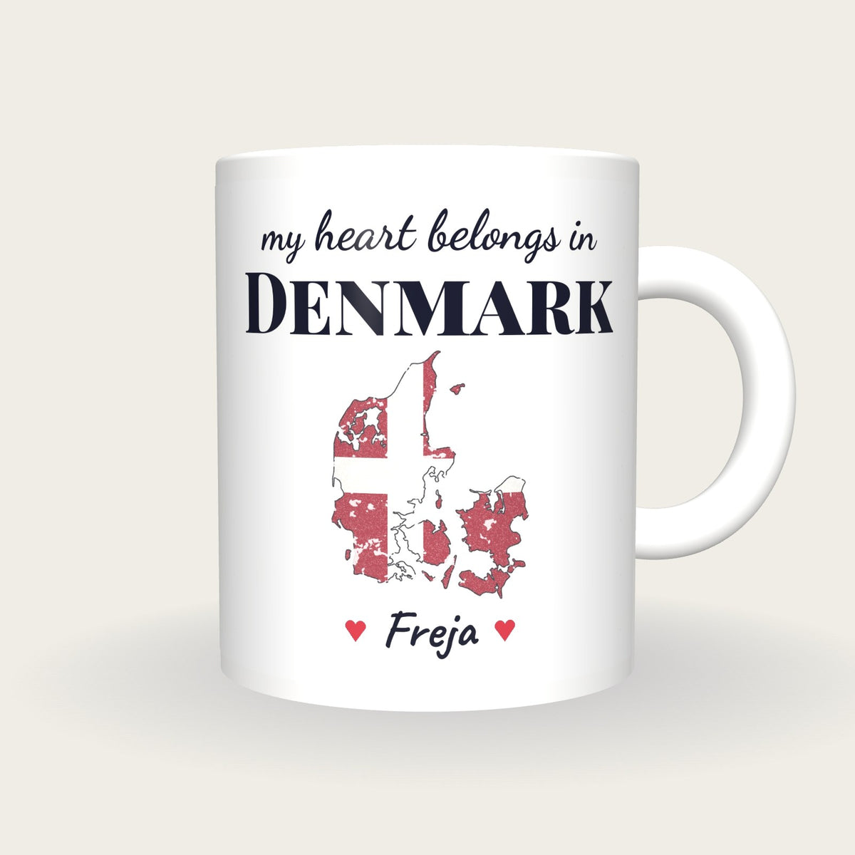 Personalised Denmark Map Mug, My Heart Belongs In Denmark, front