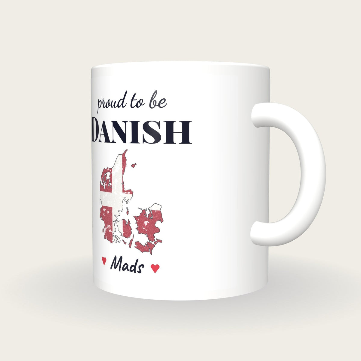 Personalised Denmark Map Mug, Proud To Be Danish, three-quarter view