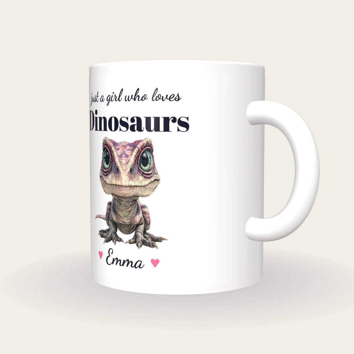 Personalised Dinosaur Mug, Just A Girl Who Loves Dinosaurs, three-quarter view